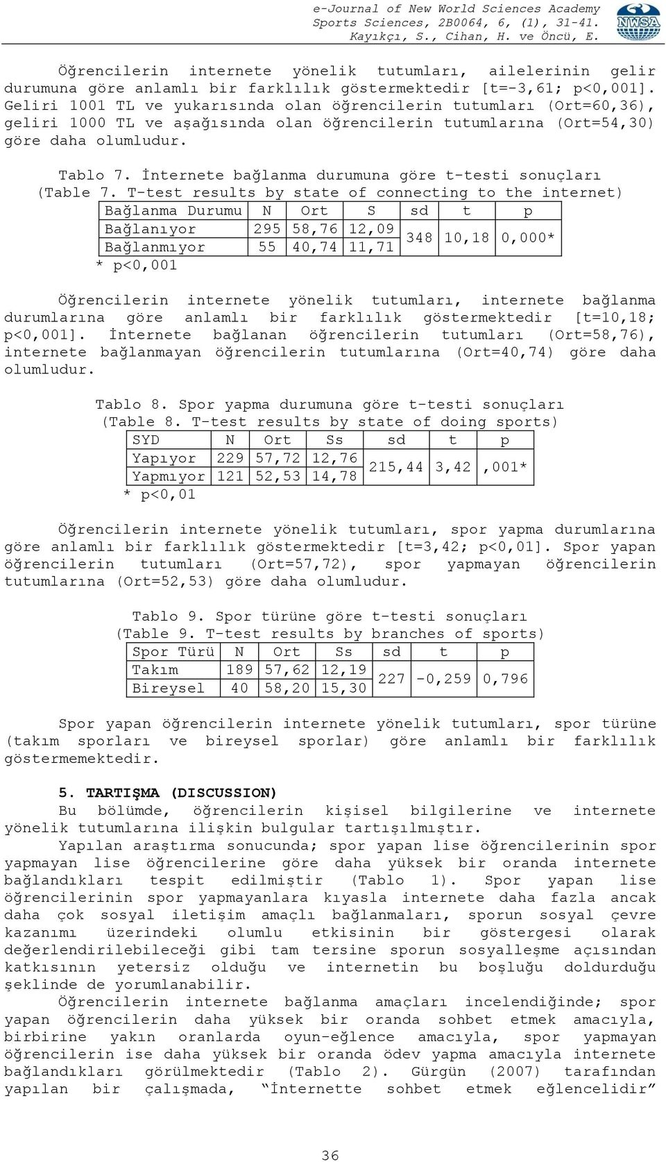 İnternete bağlanma durumuna göre t-testi sonuçları (Table 7.