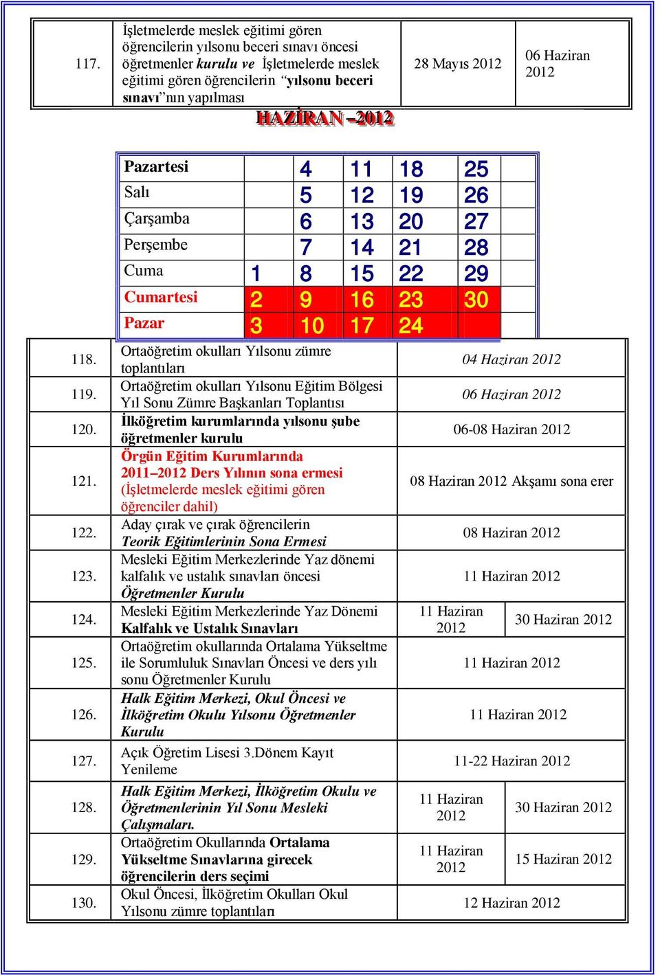 Pazartesi 4 11 18 25 Salı 5 12 19 26 Çarşamba 6 13 20 27 Perşembe 7 14 21 28 Cuma 1 8 15 22 29 Cumartesi 2 9 16 23 30 Pazar 3 10 17 24 Ortaöğretim okulları Yılsonu zümre toplantıları Ortaöğretim