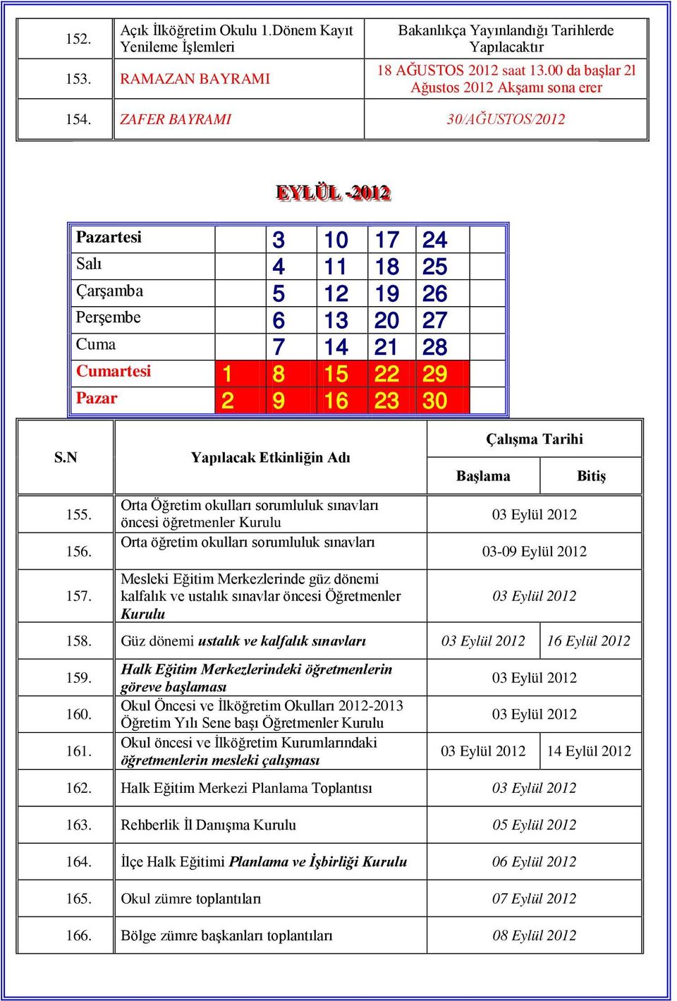 EEYYLL ÜÜLL -22001122 - Pazartesi 3 10 17 24 Salı 4 11 18 25 Çarşamba 5 12 19 26 Perşembe 6 13 20 27 Cuma 7 14 21 28 Cumartesi 1 8 15 22 29 Pazar 2 9 16 23 30 156. 157.