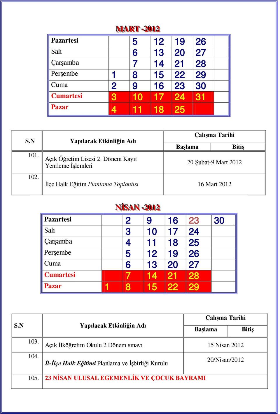 Dönem Kayıt Yenileme İşlemleri 20 Şubat-9 Mart 2012 İlçe Halk Eğitim Planlama Toplantısı 16 Mart 2012 NNİİSSAANN -22001122 - Pazartesi 2 9 16 23 30 Salı 3