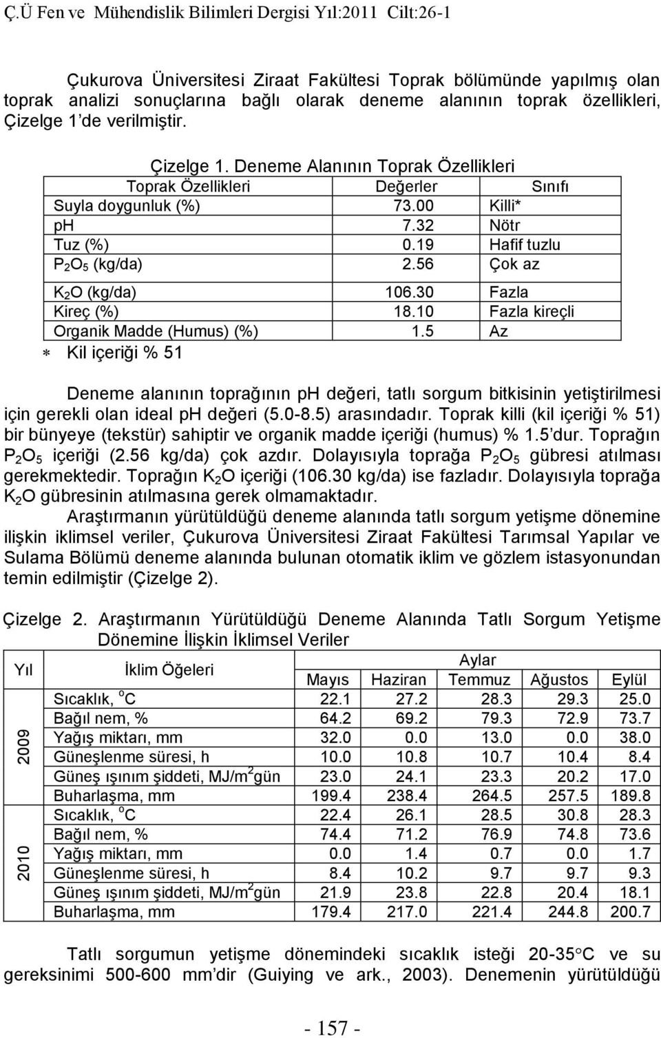 özellikleri, Çizelge 1 de verilmiştir. Çizelge 1. Deneme Alanının Toprak Özellikleri Toprak Özellikleri Değerler Sınıfı Suyla doygunluk (%) 73.00 Killi* ph 7.32 Nötr Tuz (%) 0.