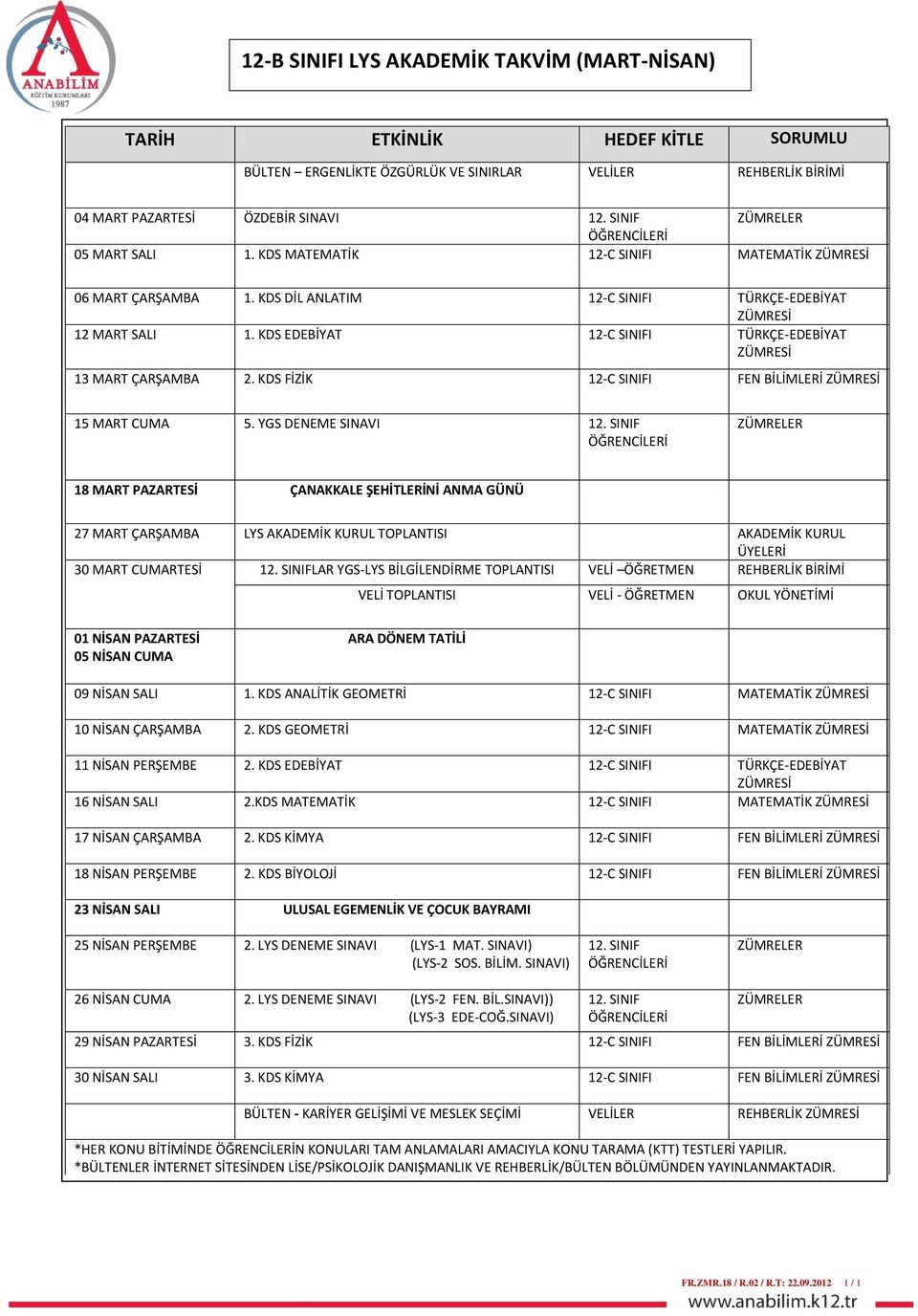 YGS DENEME SINAVI 18 MART PAZARTESİ ÇANAKKALE ŞEHİTLERİNİ ANMA GÜNÜ 27 MART ÇARŞAMBA TOPLANTISI AKADEMİK KURUL 30 MART CUMARTESİ LAR YGS-LYS BİLGİLENDİRME TOPLANTISI VELİ ÖĞRETMEN VELİ TOPLANTISI