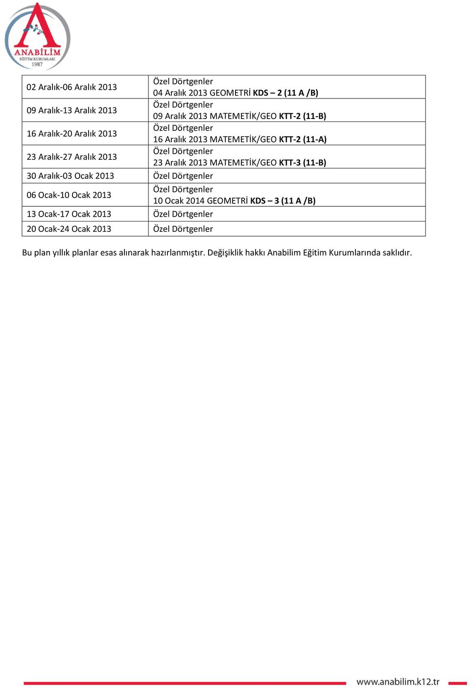 MATEMETİK/GEO KTT-3 (11-B) 30 Aralık-03 Ocak 2013 06 Ocak-10 Ocak 2013 10 Ocak 2014 GEOMETRİ KDS 3 (11 A /B) 13 Ocak-17 Ocak