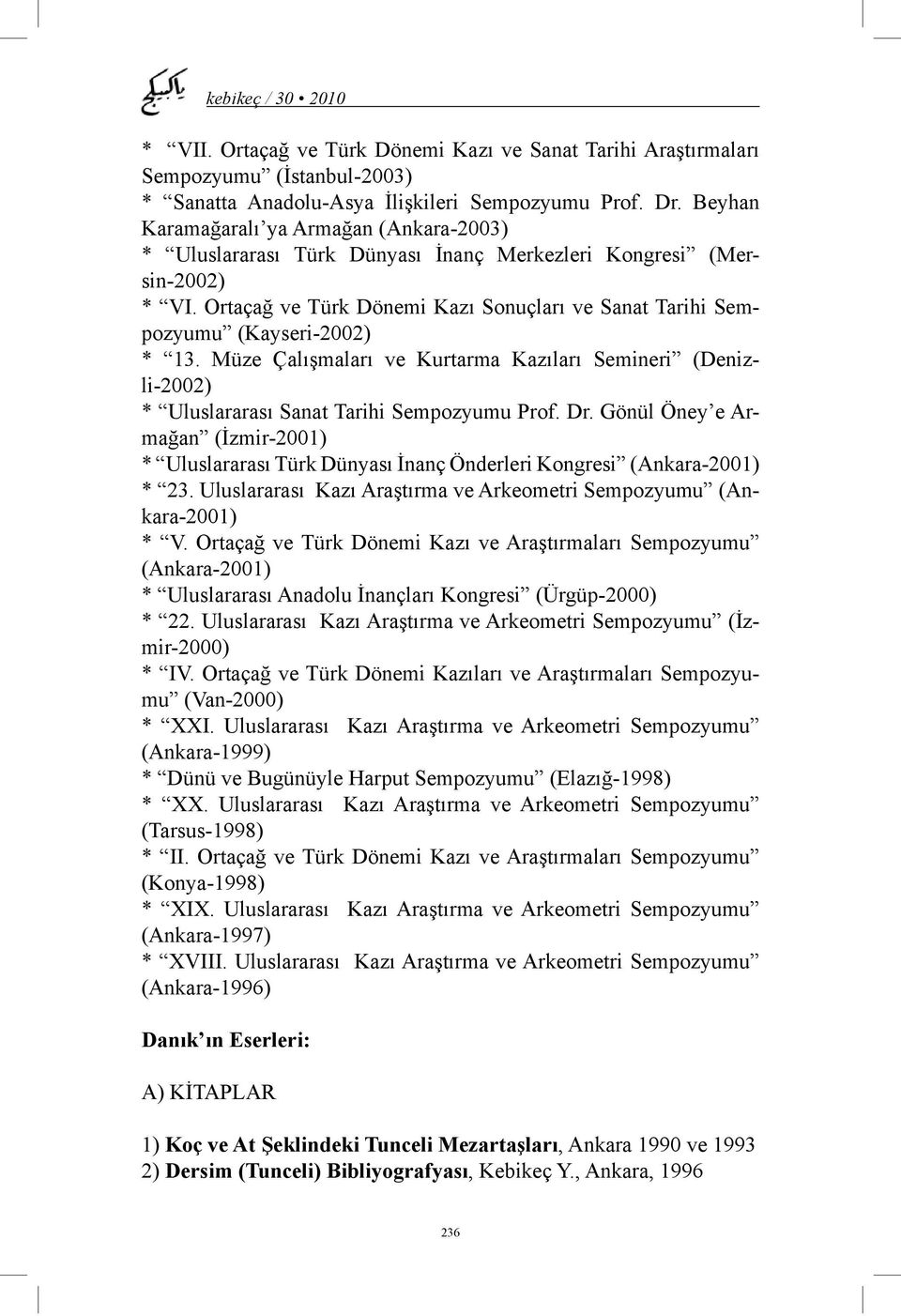 Ortaçağ ve Türk Dönemi Kazı Sonuçları ve Sanat Tarihi Sempozyumu (Kayseri-2002) * 13. Müze Çalışmaları ve Kurtarma Kazıları Semineri (Denizli-2002) * Uluslararası Sanat Tarihi Sempozyumu Prof. Dr.