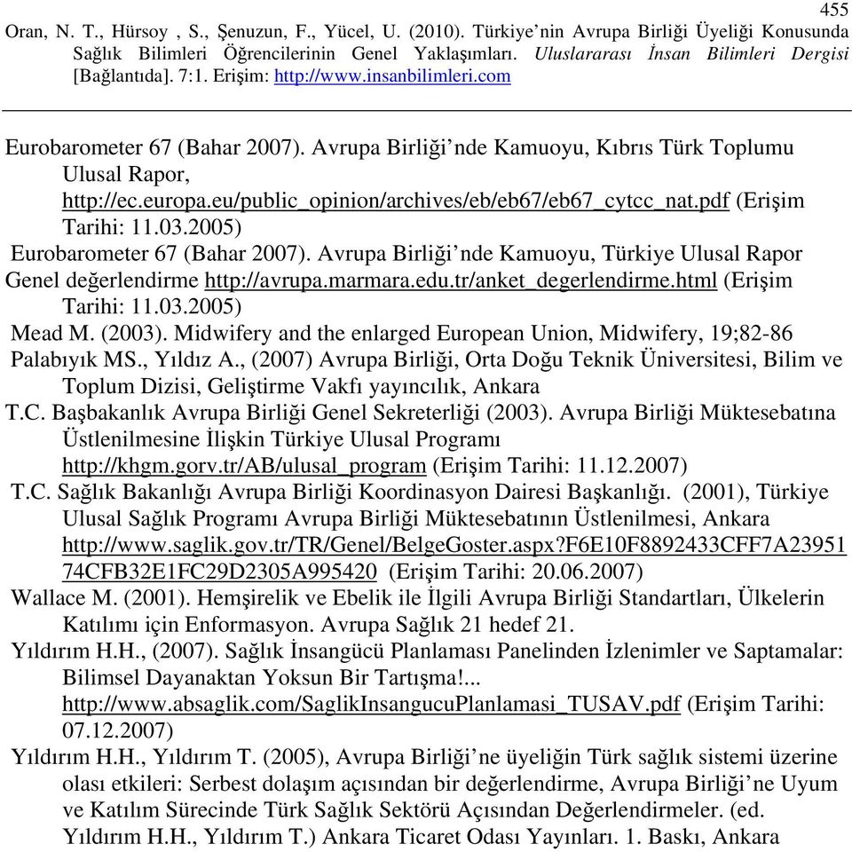 (2003). Midwifery and the enlarged European Union, Midwifery, 19;82-86 Palabıyık MS., Yıldız A.