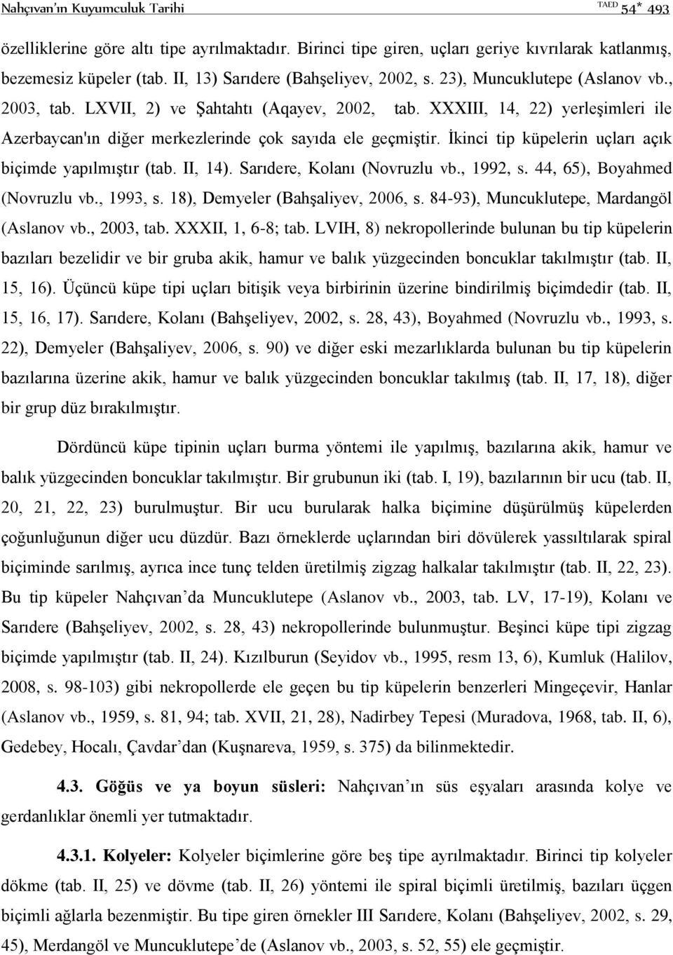 XXXIII, 14, 22) yerleşimleri ile Azerbaycan'ın diğer merkezlerinde çok sayıda ele geçmiştir. İkinci tip küpelerin uçları açık biçimde yapılmıştır (tab. II, 14). Sarıdere, Kolanı (Novruzlu vb.
