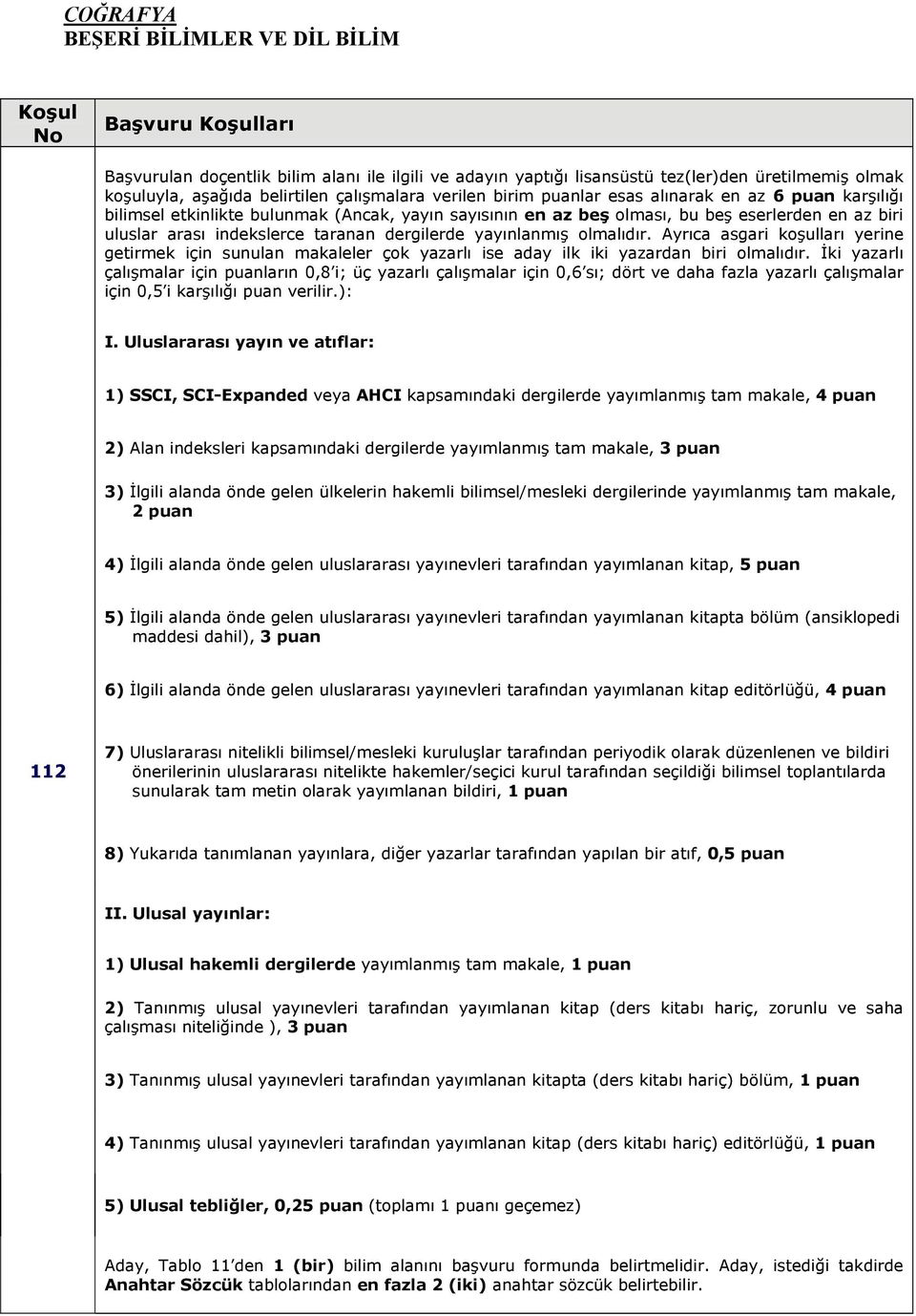 Ayrıca asgari koşulları yerine getirmek için sunulan makaleler çok yazarlı ise aday ilk iki yazardan biri olmalıdır. İki yazarlı için 0,5 i karşılığı puan verilir.): I.