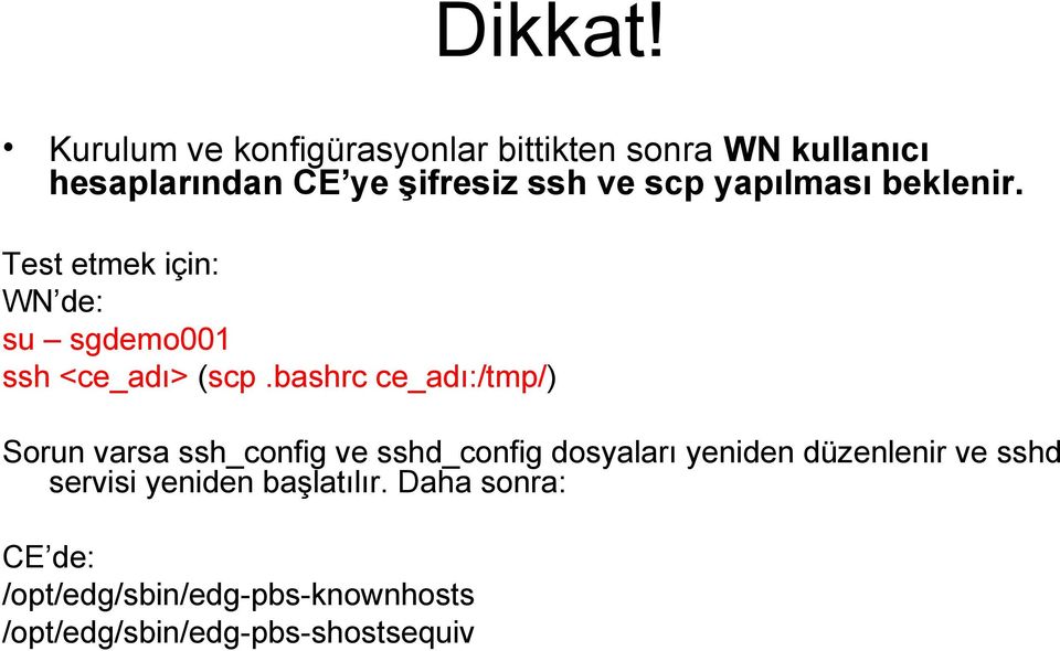 yapılması beklenir. Test etmek için: WN de: su sgdemo001 ssh <ce_adı> (scp.