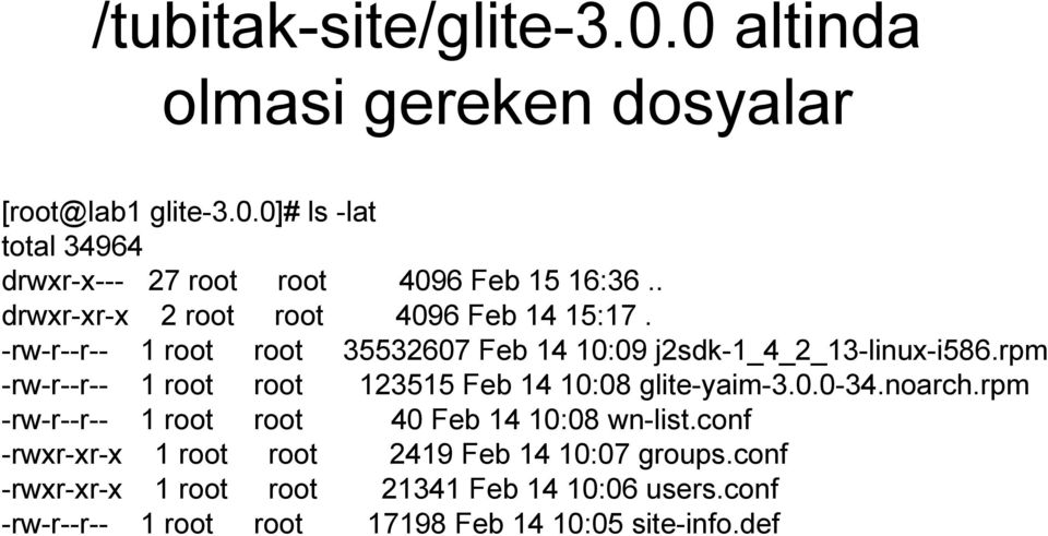 rpm -rw-r--r-- 1 root root 123515 Feb 14 10:08 glite-yaim-3.0.0-34.noarch.rpm -rw-r--r-- 1 root root 40 Feb 14 10:08 wn-list.