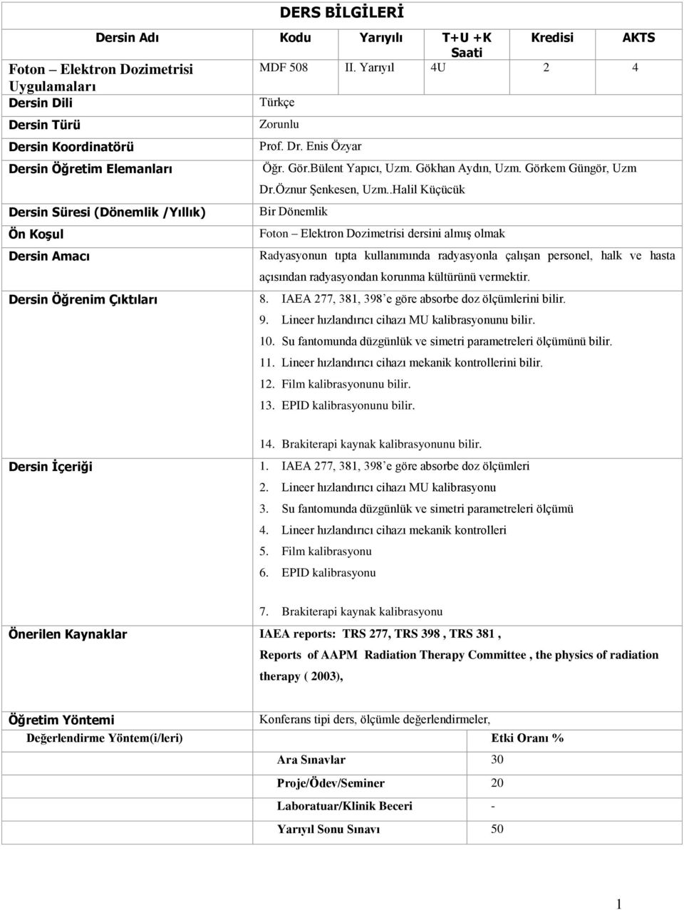 Dersin Öğrenim Çıktıları 8. IAEA 277, 381, 398 e göre absorbe doz ölçümlerini bilir. 9. Lineer hızlandırıcı cihazı MU kalibrasyonunu bilir. 10.