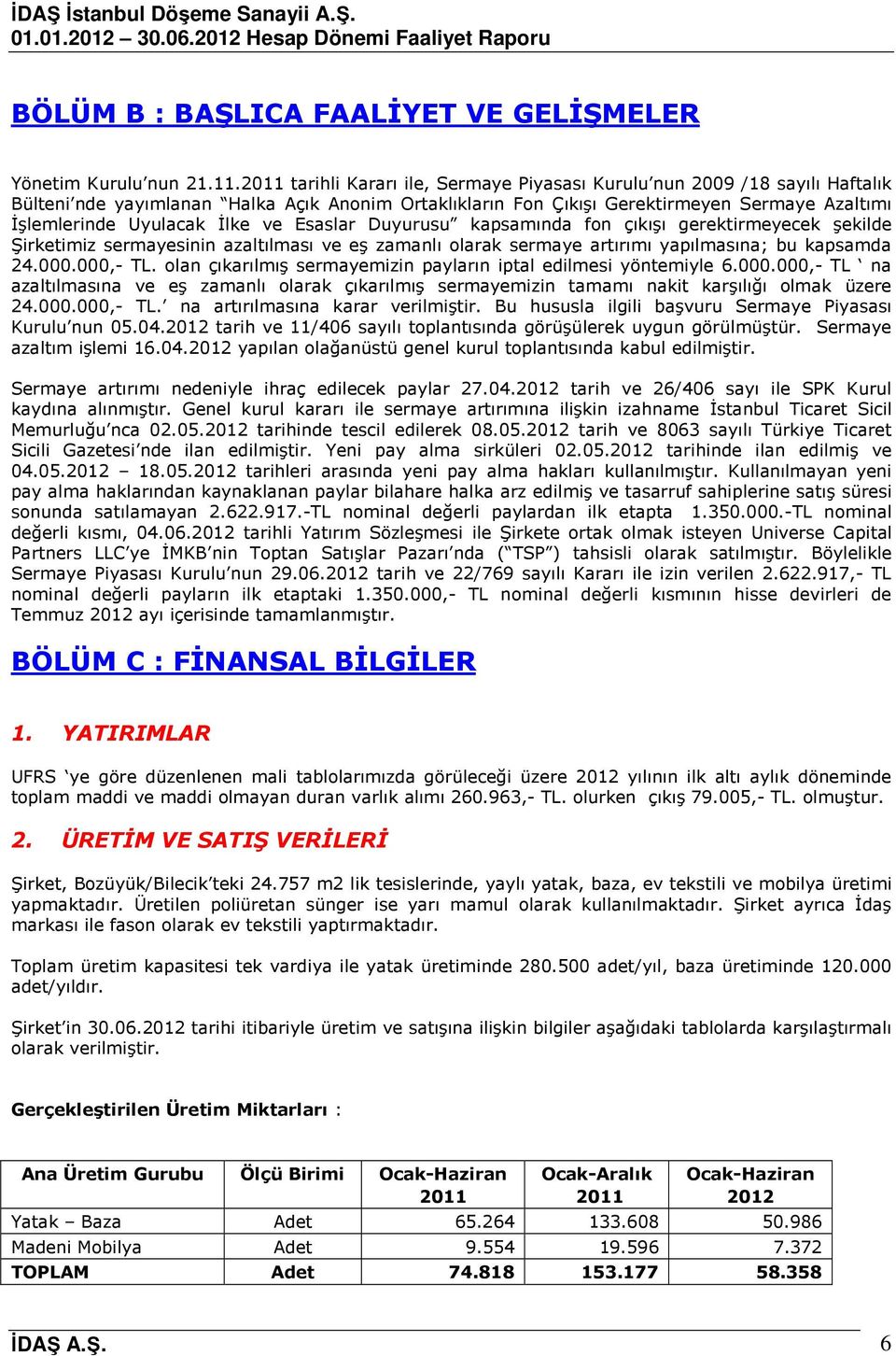 İlke ve Esaslar Duyurusu kapsamında fon çıkışı gerektirmeyecek şekilde Şirketimiz sermayesinin azaltılması ve eş zamanlı olarak sermaye artırımı yapılmasına; bu kapsamda 24.000.000,- TL.