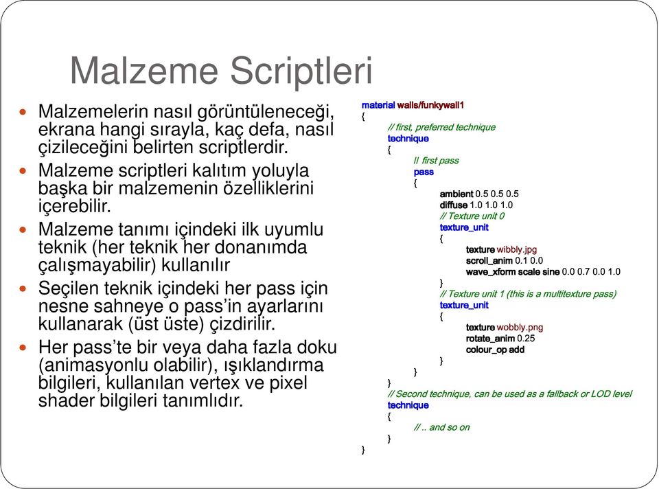 Malzeme tanımı içindeki ilk uyumlu teknik (her teknik her donanımda çalışmayabilir) kullanılır Seçilen teknik içindeki her pass için nesne sahneye o pass in ayarlarını kullanarak (üst üste)