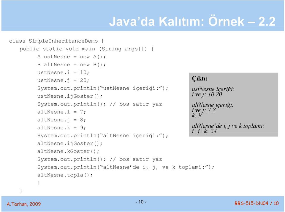 i = 7; altnesne.j = 8; altnesne.k = 9; System.out.println( altnesne içeriği: ); altnesne.ijgoster(); altnesne.kgoster(); System.out.println(); // bos satir yaz System.