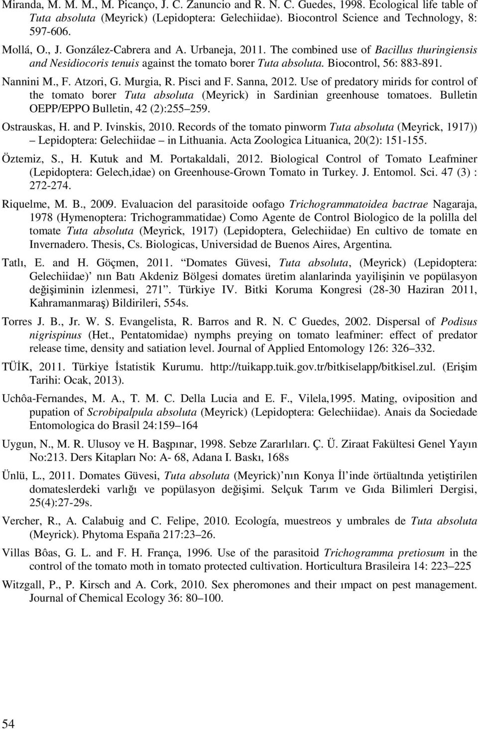 Atzori, G. Murgia, R. Pisci and F. Sanna, 2012. Use of predatory mirids for control of the tomato borer Tuta absoluta (Meyrick) in Sardinian greenhouse tomatoes.