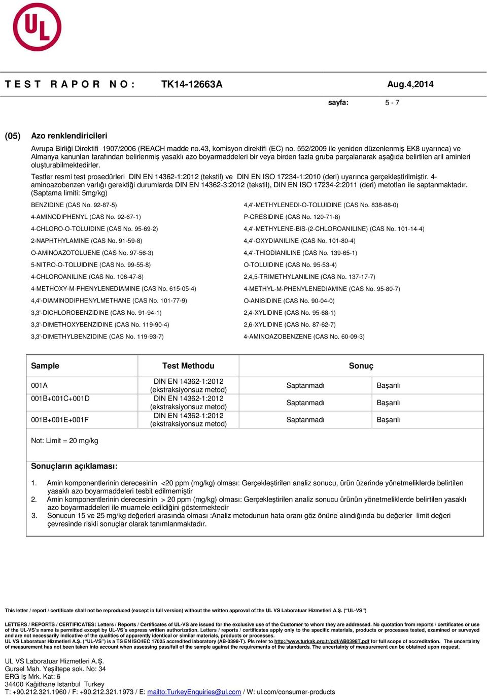 oluşturabilmektedirler. Testler resmi test prosedürleri DIN EN 14362-1:2012 (tekstil) ve DIN EN ISO 17234-1:2010 (deri) uyarınca gerçekleştirilmiştir.