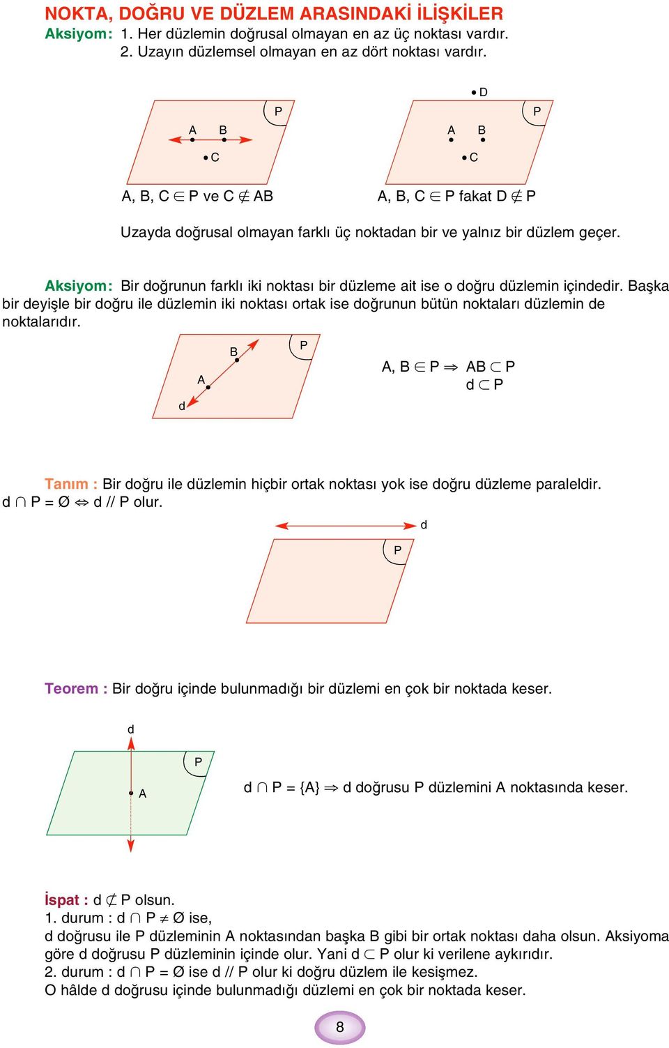 aflka bir eyiflle bir o ru ile üzlemin iki noktas ortak ise o runun bütün noktalar üzlemin e noktalar r., Tan m : ir o ru ile üzlemin hiçbir ortak noktas yok ise o ru üzleme paralelir. = Ø // olur.