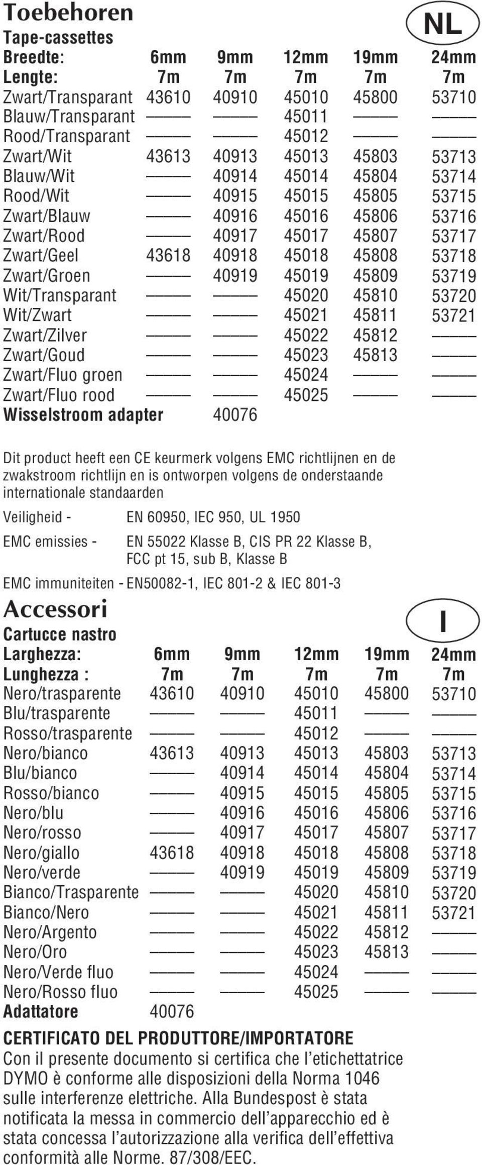 Wit/Zwart 45021 45811 Zwart/Zilver 45022 45812 Zwart/Goud 45023 45813 Zwart/Fluo groen 45024 Zwart/Fluo rood 45025 Wisselstroom adapter 40076 Dit product heeft een CE keurmerk volgens EMC richtlijnen