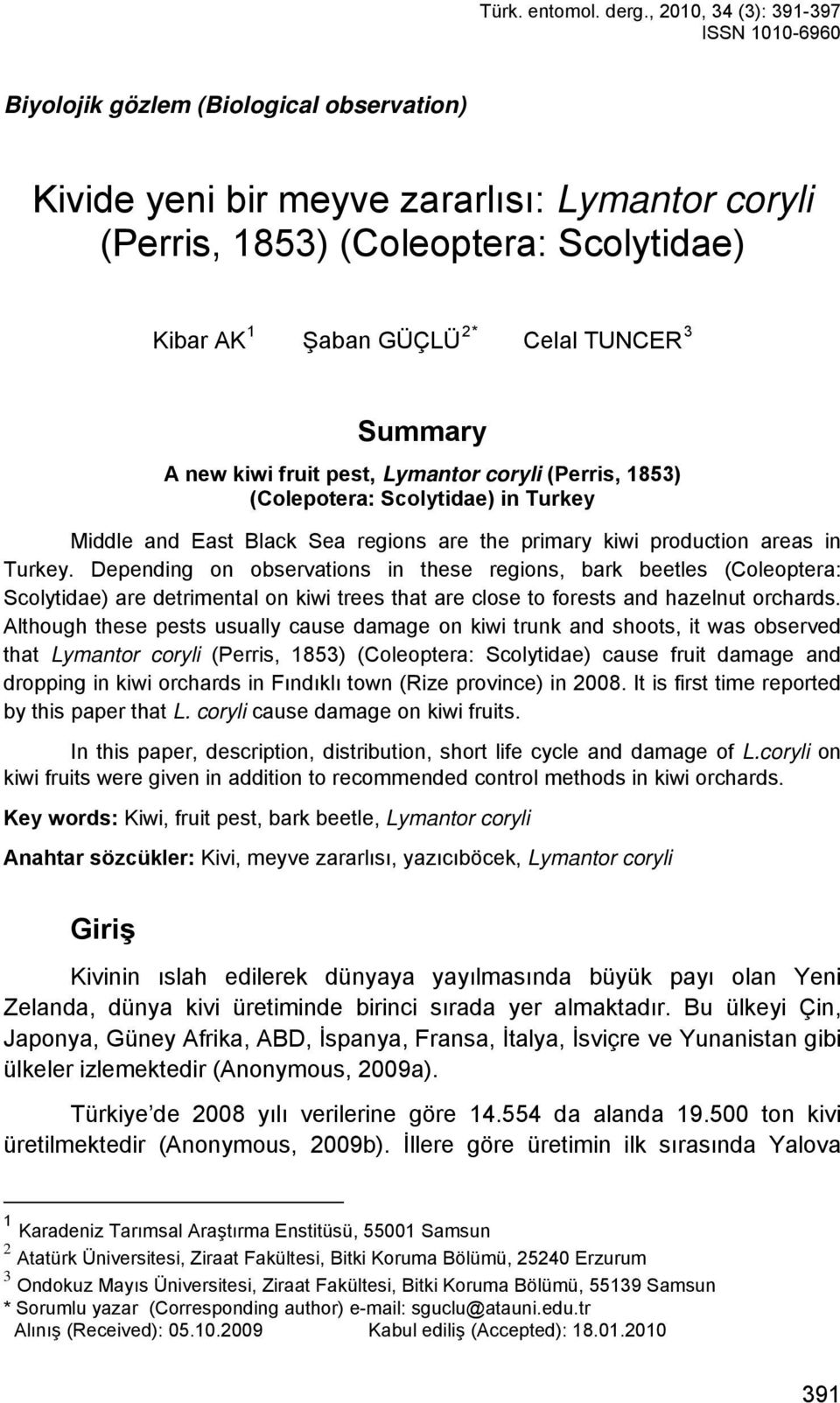 Celal TUNCER 3 Summary A new kiwi fruit pest, Lymantor coryli (Perris, 1853) (Colepotera: Scolytidae) in Turkey Middle and East Black Sea regions are the primary kiwi production areas in Turkey.