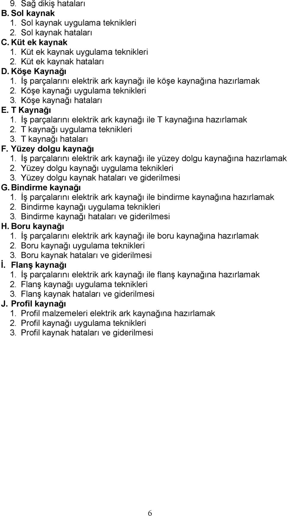 İş parçalarını elektrik ark kaynağı ile T kaynağına hazırlamak 2. T kaynağı uygulama teknikleri 3. T kaynağı hataları F. Yüzey dolgu kaynağı 1.