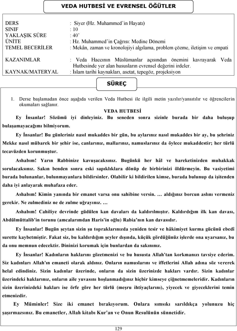 kavrayarak Veda Hutbesinde yer alan hususların evrensel değerini irdeler. : İslam tarihi kaynakları, asetat, tepegöz, projeksiyon SÜREÇ 1.