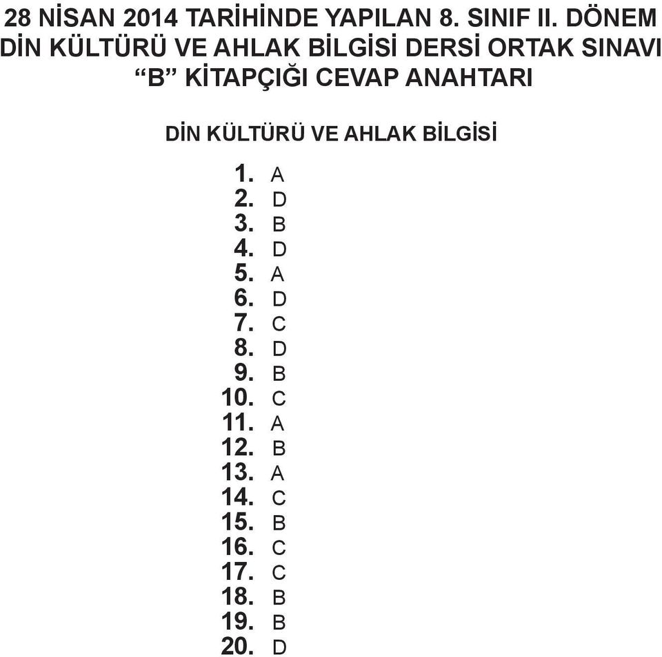 CEVAP ANAHTARI DİN KÜLTÜRÜ VE AHLAK İLGİSİ 1. A 2. D 3. 4. D 5.