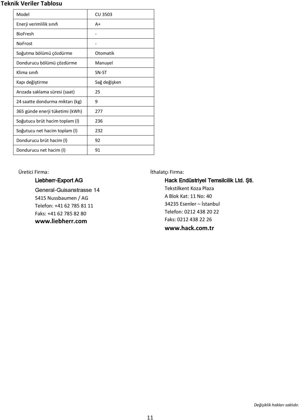 hacim (l) 92 Dondurucu net hacim (l) 91 Üretici Firma: Liebherr-Export AG General-Guisanstrasse 14 5415 Nussbaumen / AG Telefon: +41 62 785 81 11 Faks: +41 62 785 82 80 www.liebherr.