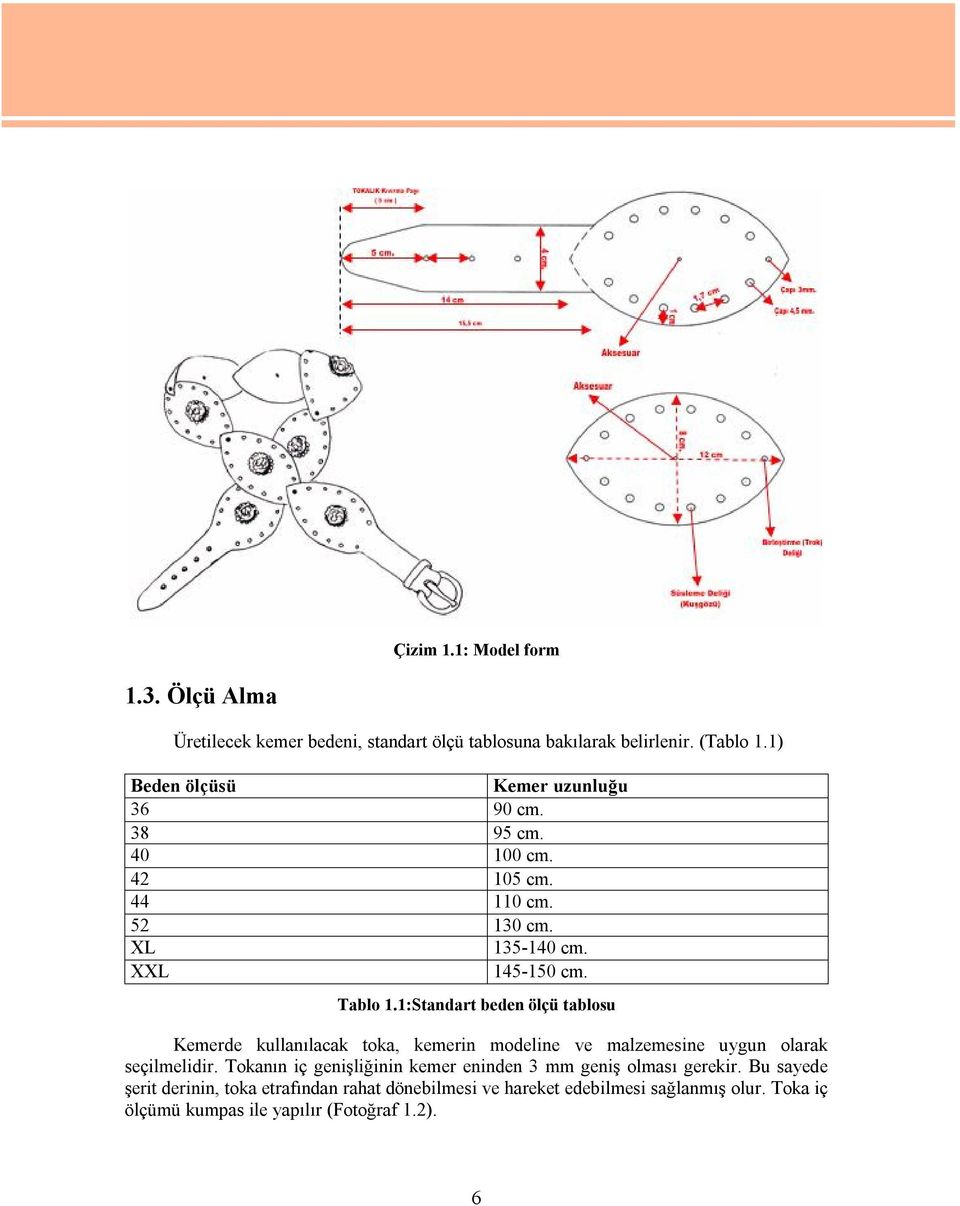 1:Standart beden ölçü tablosu Kemerde kullanılacak toka, kemerin modeline ve malzemesine uygun olarak seçilmelidir.