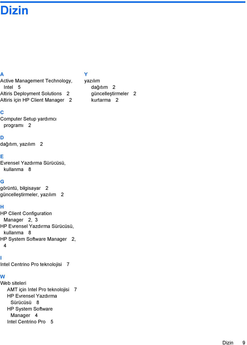 güncelleştirmeler, yazılım 2 H HP Client Configuration Manager 2, 3 HP Evrensel Yazdırma Sürücüsü, kullanma 8 HP System Software Manager 2, 4 I Intel