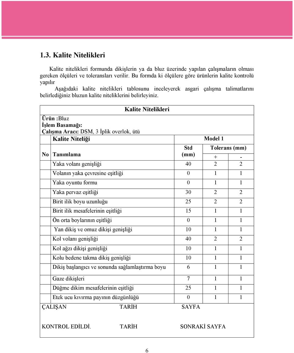 Kalite Nitelikleri Ürün :Bluz İşlem Basamağı: Çalışma Aracı: DSM, 3 İplik overlok, ütü Kalite Niteliği Model 1 Std Tolerans (mm) No Tanımlama (mm) + - Yaka volanı genişliği 40 2 2 Volanın yaka