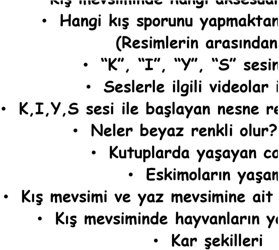 Hangi kış sporunu yapmaktan hoşlanırsın? (Resimlerin arasından gösterme) K, I, Y, S sesini çizme Seslerle ilgili videolar izlendi.