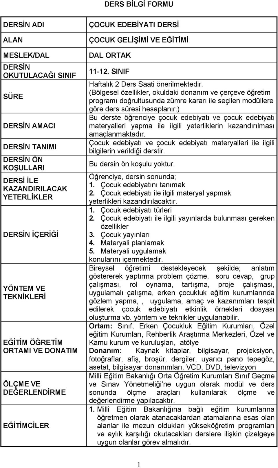 (Bölgesel özellikler, okuldaki donanım ve çerçeve öğretim programı doğrultusunda zümre kararı ile seçilen modüllere göre ders süresi hesaplanır.