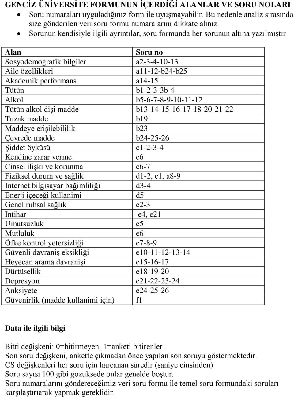 Sorunun kendisiyle ilgili ayrıntılar, soru formunda her sorunun altına yazılmıştır Alan Soru no Sosyodemografik bilgiler a2-3-4-10-13 Aile özellikleri a11-12-b24-b25 Akademik performans a14-15 Tütün