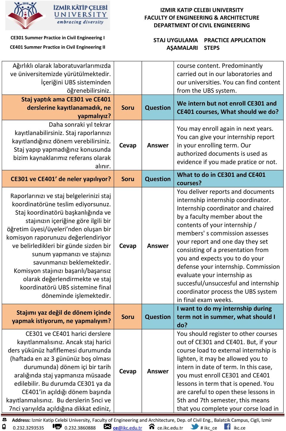 Question CE301 ve CE401 de neler yapılıyor? Question Raporlarınızı ve staj belgelerinizi staj koordinatörüne teslim ediyorsunuz.