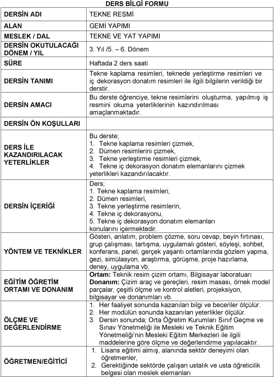 Dönem Haftada 2 ders saati Tekne kaplama resimleri, teknede yerleştirme resimleri ve iç dekorasyon donatım resimleri ile ilgili bilgilerin verildiği bir derstir.