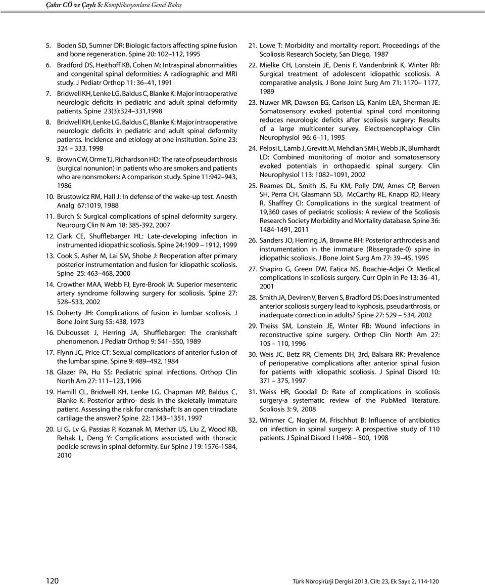 Bridwell KH, Lenke LG, Baldus C, Blanke K: Major intraoperative neurologic deficits in pediatric and adult spinal deformity patients. Spine 23(3):324 331,1998 8.