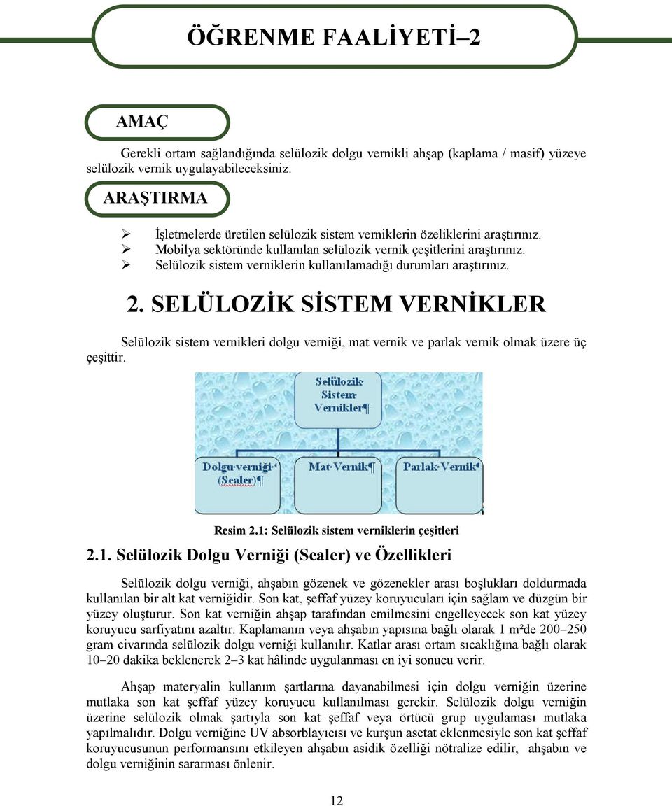 Selülozik sistem verniklerin kullanılamadığı durumları araştırınız. 2. SELÜLOZİK SİSTEM VERNİKLER Selülozik sistem vernikleri dolgu verniği, mat vernik ve parlak vernik olmak üzere üç çeşittir.