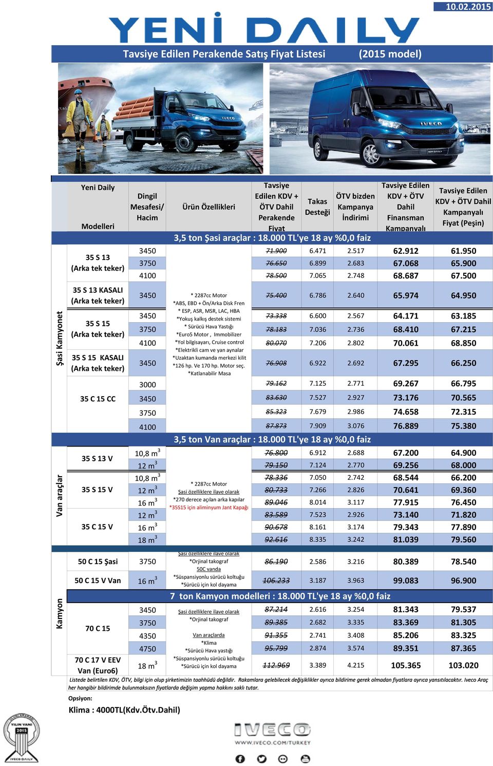 Hacim Ürün Özellikleri Tavsiye Edilen KDV + ÖTV Dahil Perakende Fiyat Takas Desteği ÖTV bizden Kampanya İndirimi 3,5 ton Şasi araçlar : 18.