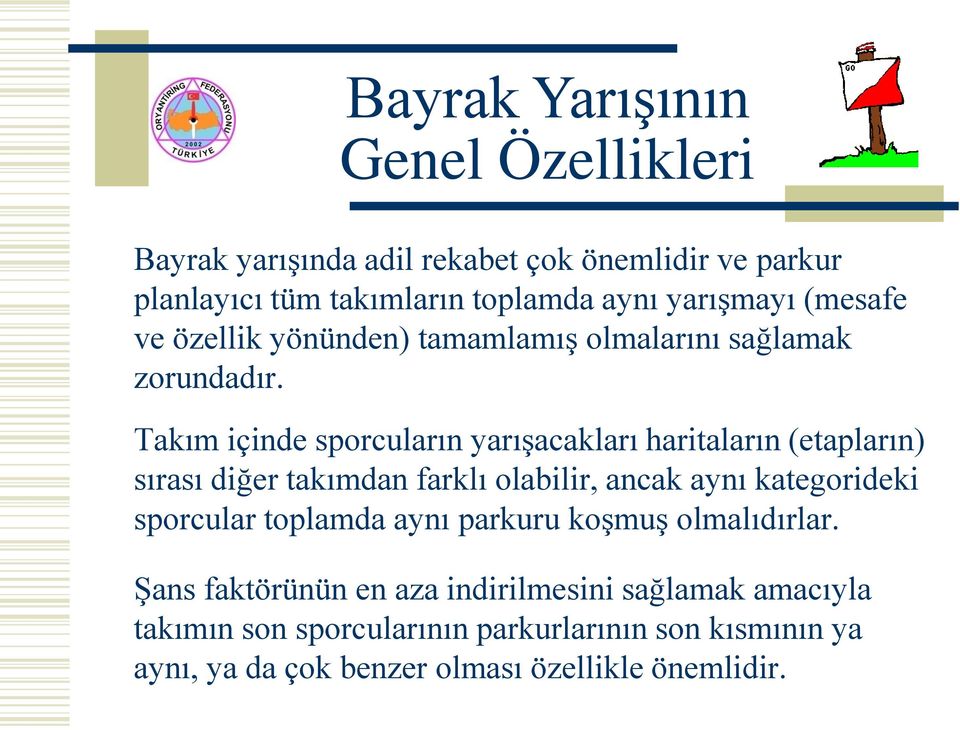 Takım içinde sporcuların yarışacakları haritaların (etapların) sırası diğer takımdan farklı olabilir, ancak aynı kategorideki sporcular