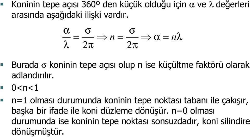 <n<1 α λ σ π n σ π α nλ n1 olması durumunda koninin tepe noktası tabanı ile çakışır, başka bir