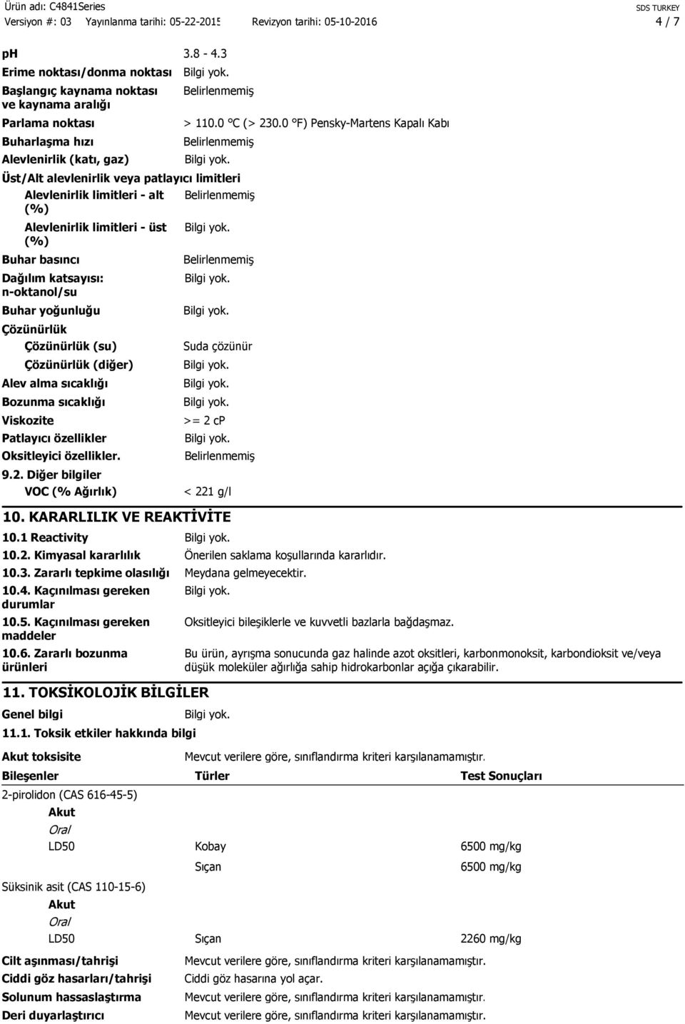 0 F) PenskyMartens Kapalı Kabı Üst/Alt alevlenirlik veya patlayıcı limitleri Alevlenirlik limitleri alt (%) Alevlenirlik limitleri üst (%) Buhar basıncı Dağılım katsayısı: noktanol/su Buhar yoğunluğu