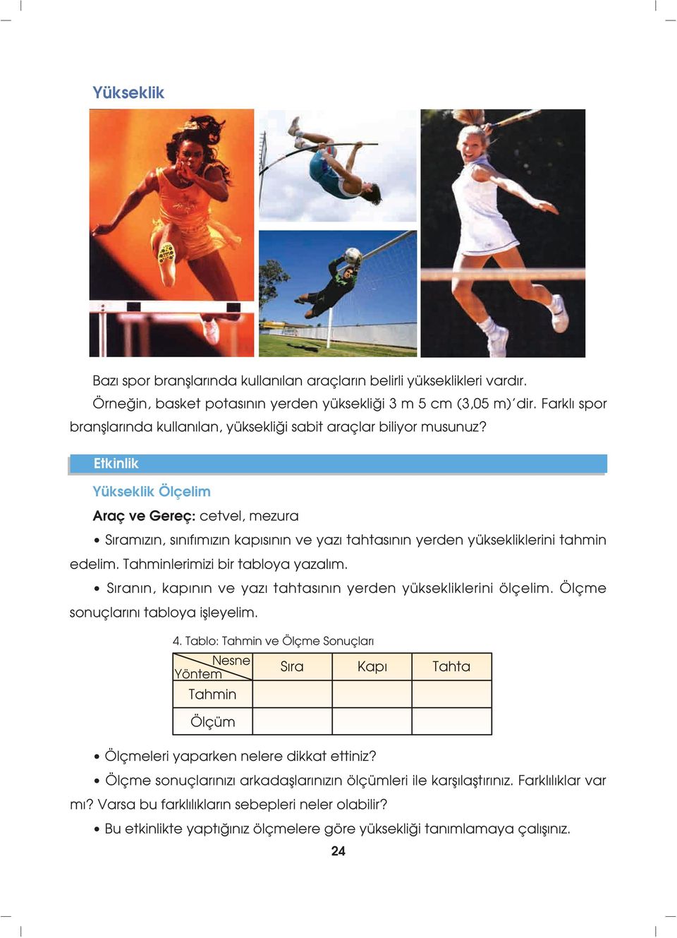 Etkinlik Yükseklik Ölçelim Araç ve Gereç: cetvel, mezura S ram z n, s n f m z n kap s n n ve yaz tatas n n yerden yüksekliklerini tamin edelim. Taminlerimizi bir tabloya yazal m.