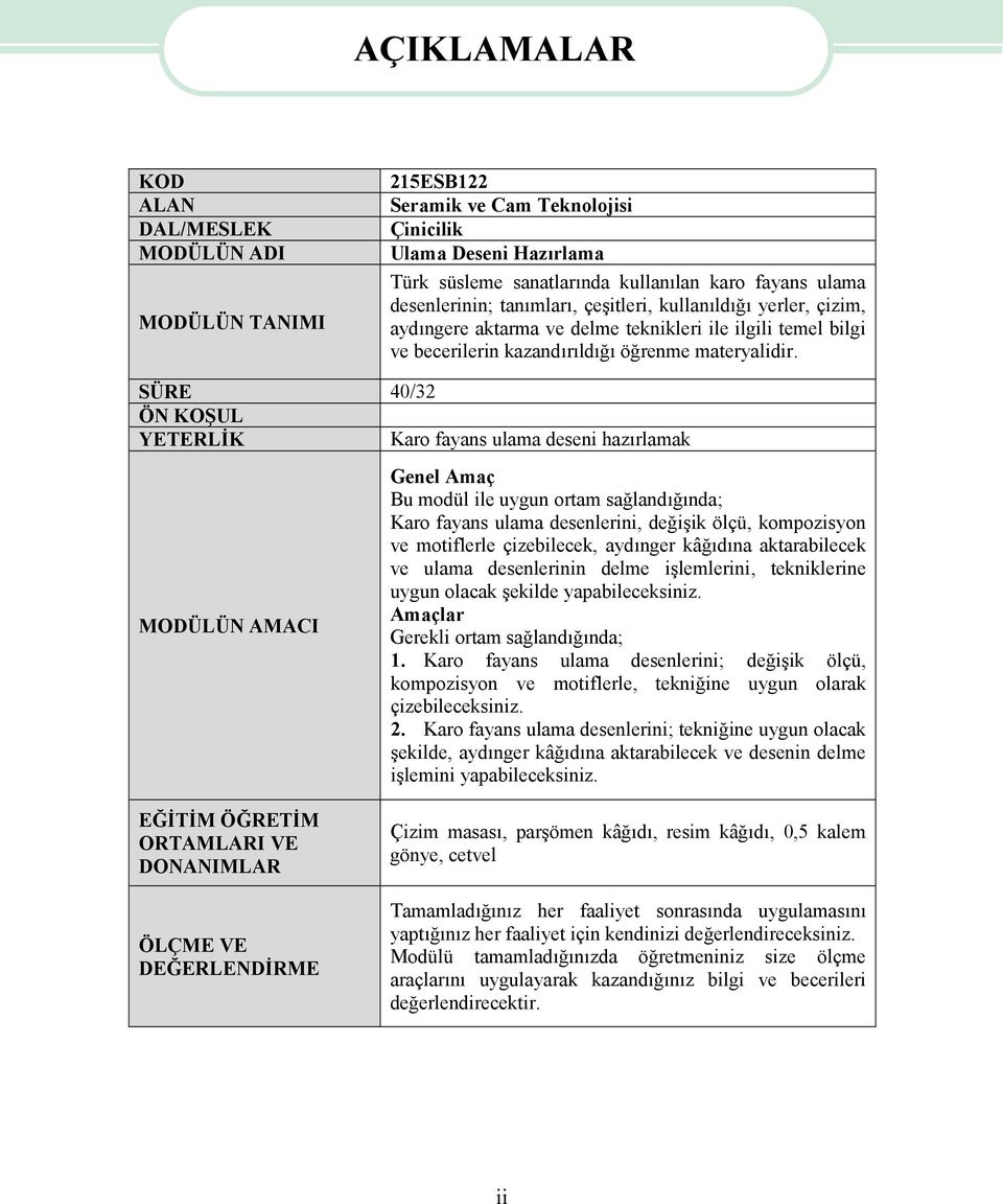 SÜRE 40/32 ÖN KOŞUL YETERLİK Karo fayans ulama deseni hazırlamak MODÜLÜN AMACI Genel Amaç Bu modül ile uygun ortam sağlandığında; Karo fayans ulama desenlerini, değişik ölçü, kompozisyon ve