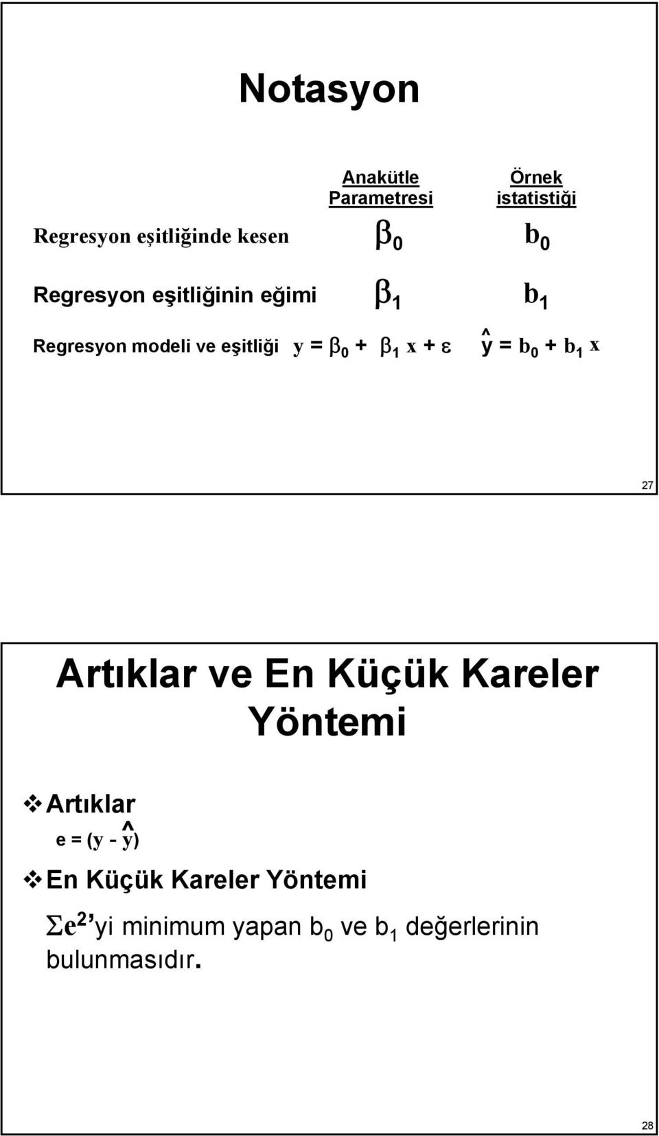 + ε y = b 0 + b 1 x 27 Artıklar ve En Küçük Kareler Yöntemi Artıklar e = (y - ^y)