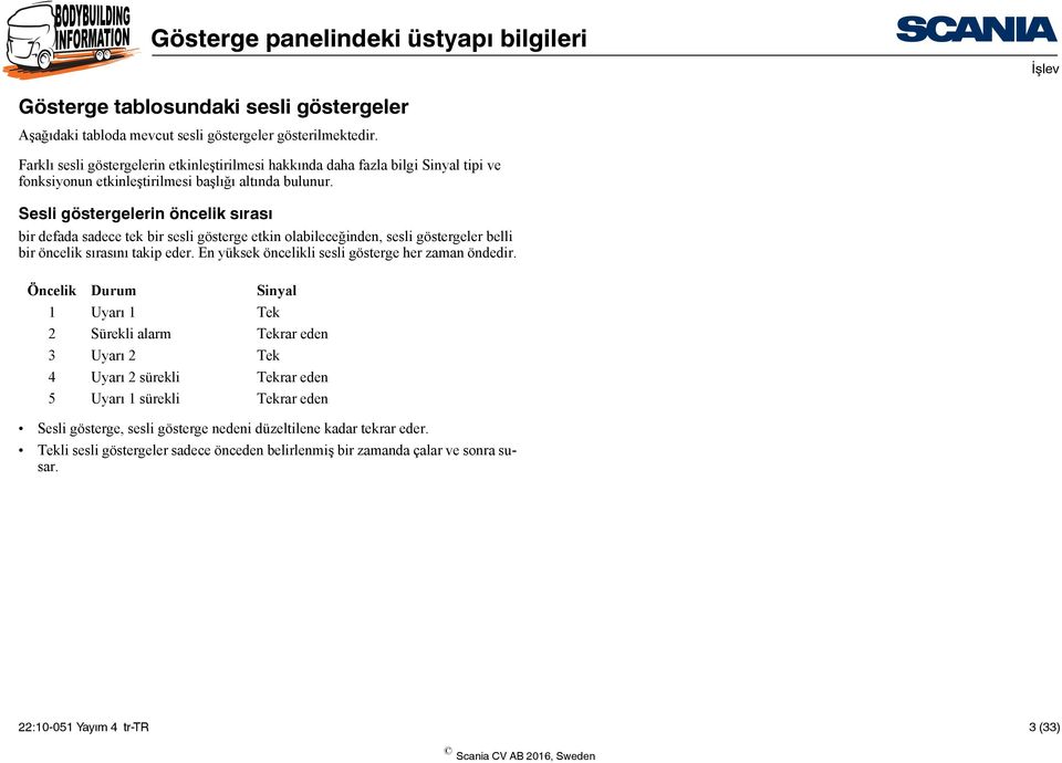 Sesli göstergelerin öncelik sırası bir defada sadece tek bir sesli gösterge etkin olabileceğinden, sesli göstergeler belli bir öncelik sırasını takip eder.