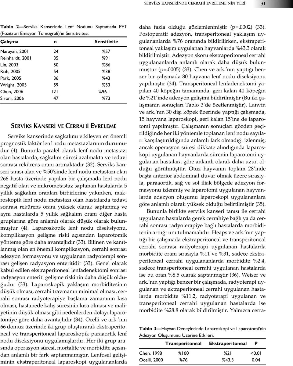 1 Sironi, 2006 47 %73 SERV KS KANSER VE CERRAH EVRELEME Serviks kanserinde sa kal m etkileyen en önemli prognostik faktör lenf nodu metastazlar n n durumudur (4).