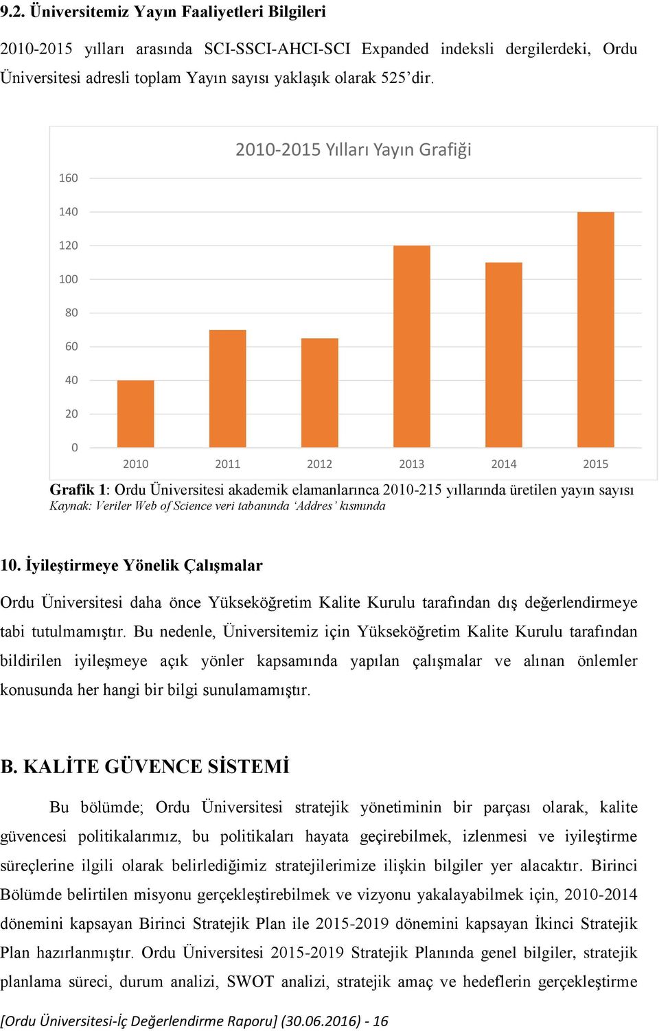 Veriler Web of Science veri tabanında Addres kısmında 10. İyileştirmeye Yönelik Çalışmalar Ordu Üniversitesi daha önce Yükseköğretim Kalite Kurulu tarafından dış değerlendirmeye tabi tutulmamıştır.