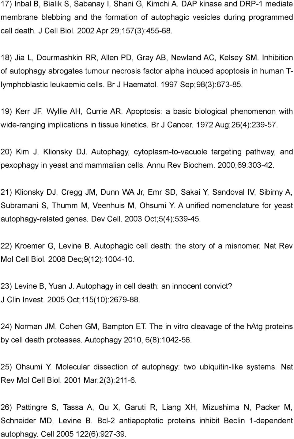 Inhibition of autophagy abrogates tumour necrosis factor alpha induced apoptosis in human T- lymphoblastic leukaemic cells. Br J Haematol. 1997 Sep;98(3):673-85. 19) Kerr JF, Wyllie AH, Currie AR.