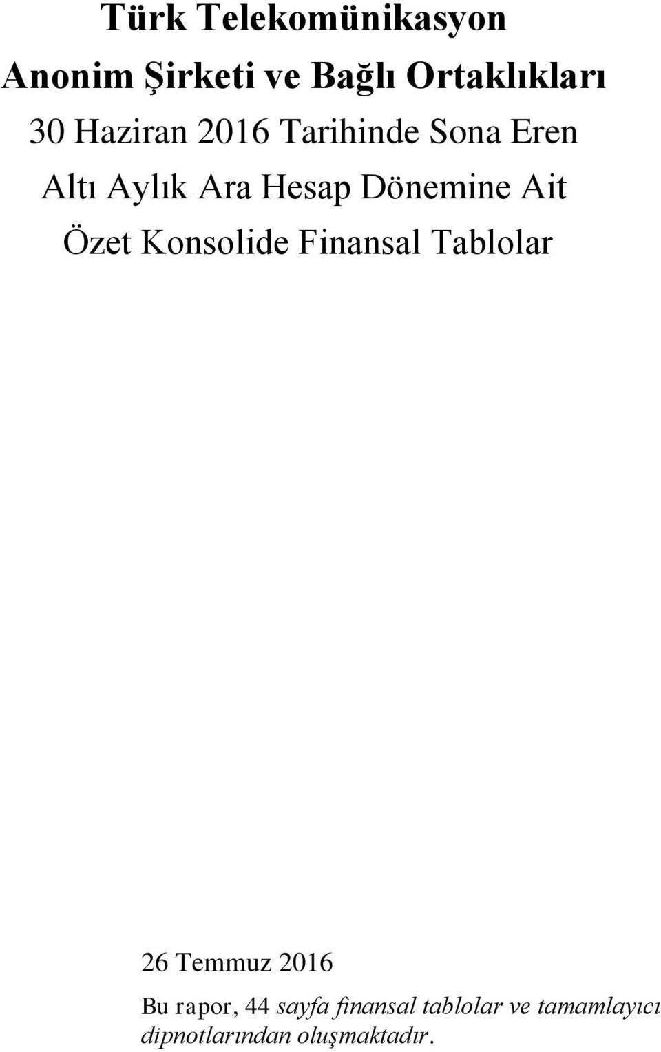 Ait Özet Konsolide Finansal Tablolar 26 Temmuz 2016 Bu rapor, 44