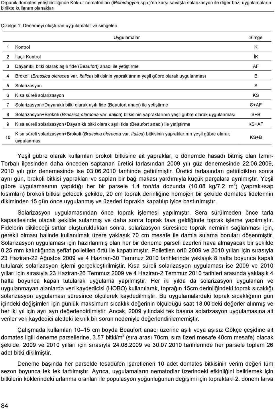 italica) bitkisinin yapraklarının yeşil gübre olarak uygulanması B 5 Solarizasyon S 6 Kısa süreli solarizasyon KS 7 Solarizasyon+Dayanıklı bitki olarak aşılı fide (Beaufort anacı) ile yetiştirme S+AF