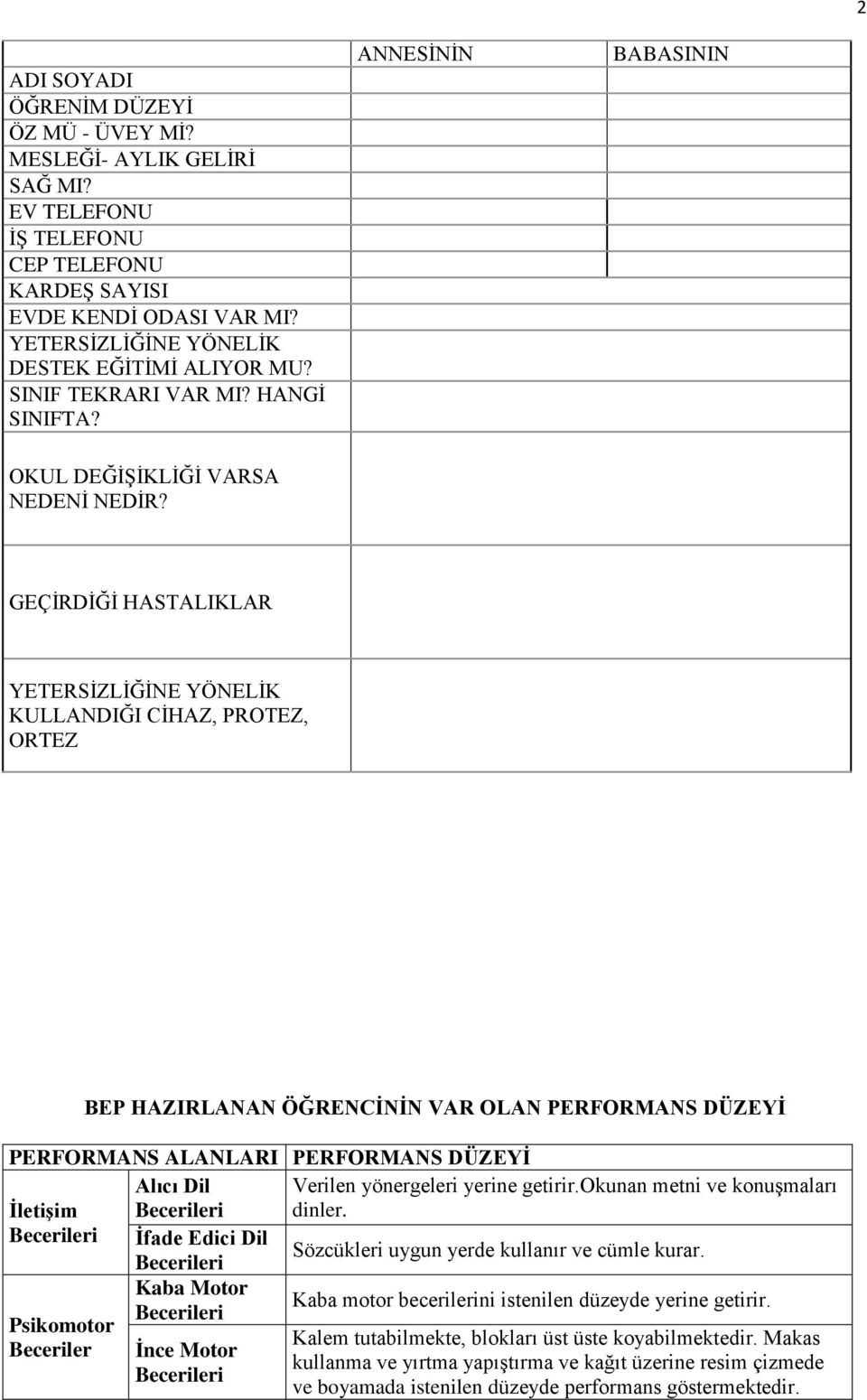 GEÇİRDİĞİ HASTALIKLAR YETERSİZLİĞİNE YÖNELİK KULLANDIĞI CİHAZ, PROTEZ, ORTEZ Psikomotor Beceriler BEP HAZIRLANAN ÖĞRENCİNİN VAR OLAN PERFORMANS DÜZEYİ PERFORMANS ALANLARI PERFORMANS DÜZEYİ İletişim